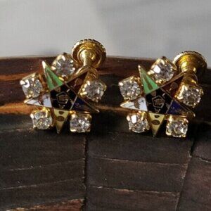 Gold Order of The Eastern Star Earrings Mosaic Rhinestone